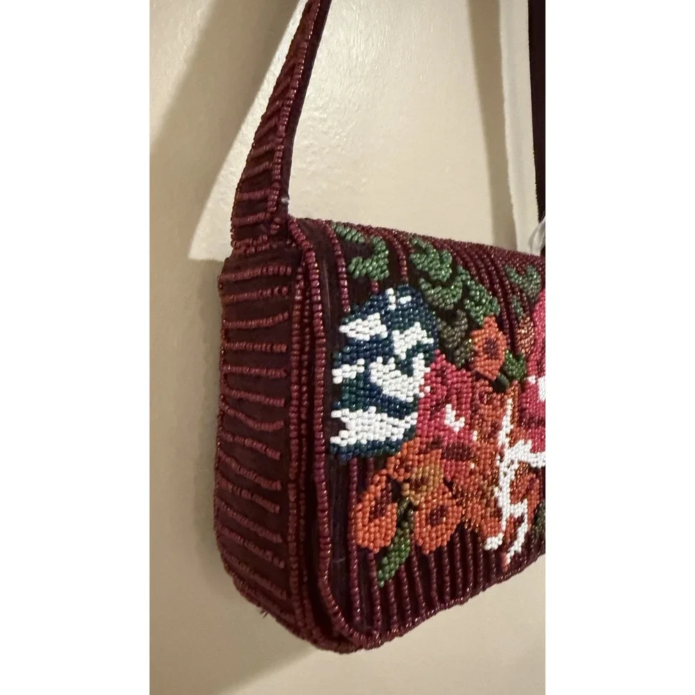 Beaded Maroon Floral Shoulder Bag Handmade in India New with Tags